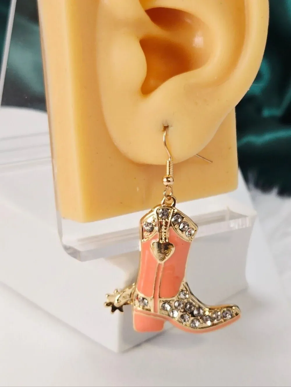 Tangerine Cowboy Boot Earrings Rhinestone Western Cowgirl Jewelry Rodeo Glam